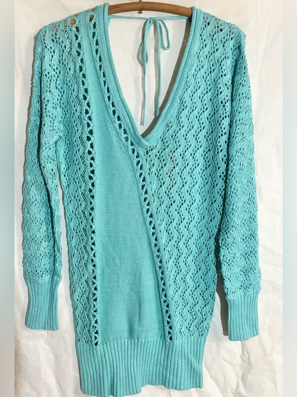 Cache Silk Cotton Sweater Dress Tunic Sz M Glitter Tie Double V long 90s Y2k
